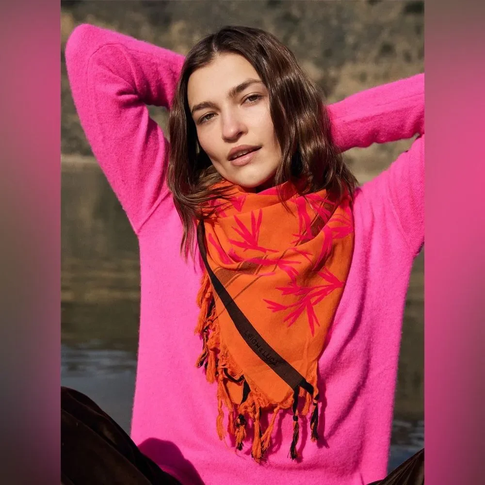 NWT Leigh & Luca Orange Pink Flocked Fine Cotton Hand Printed Tasseled Scarf